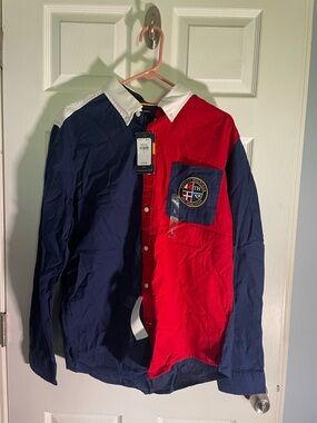 Tommy Hilfiger Red & Navy Colorblock Polo Shirt with White Collar urban prep